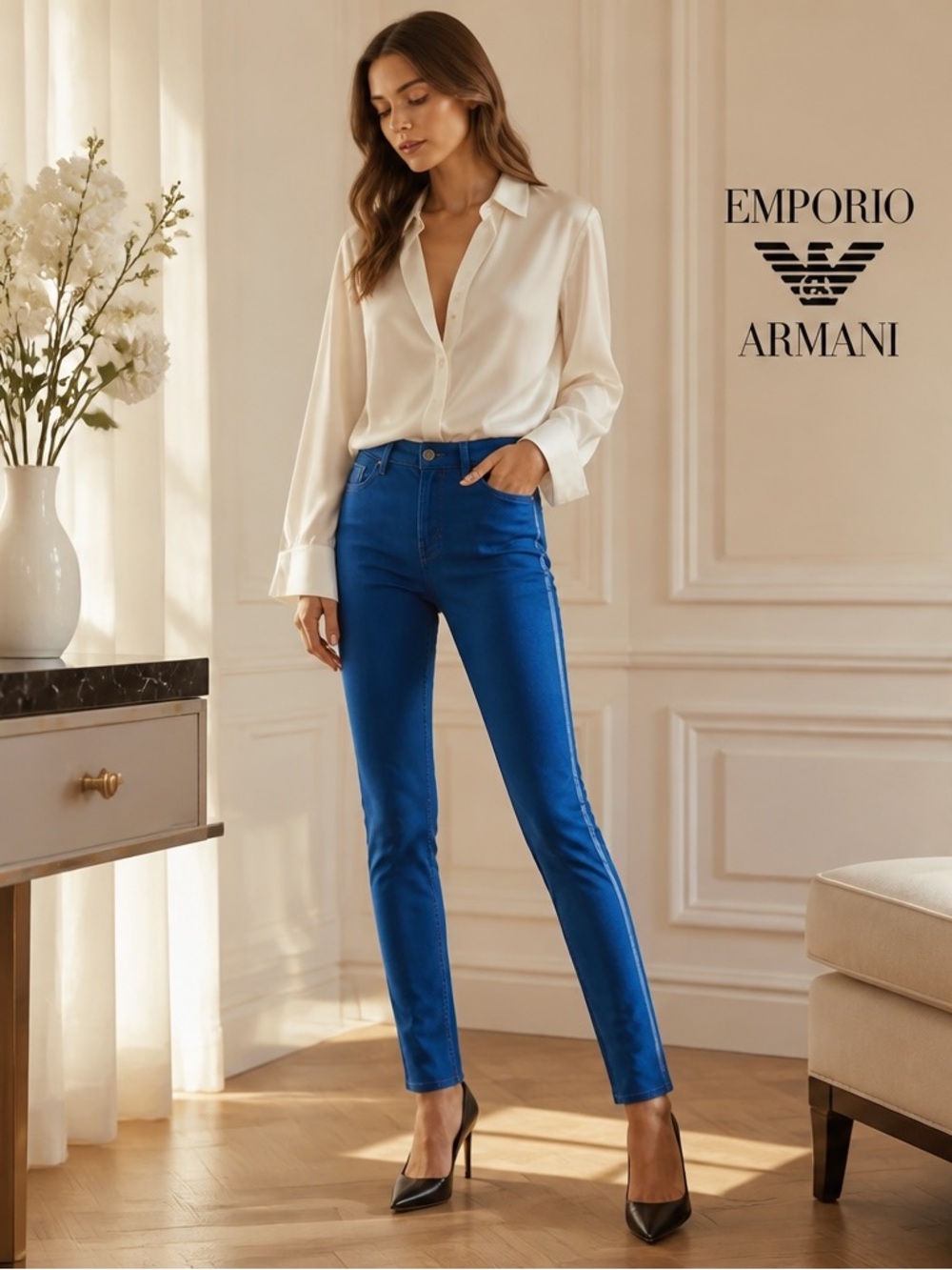 NWT Emporio Armani
Dakota Blue Tuxedo Stripe Skinny Jeans 28